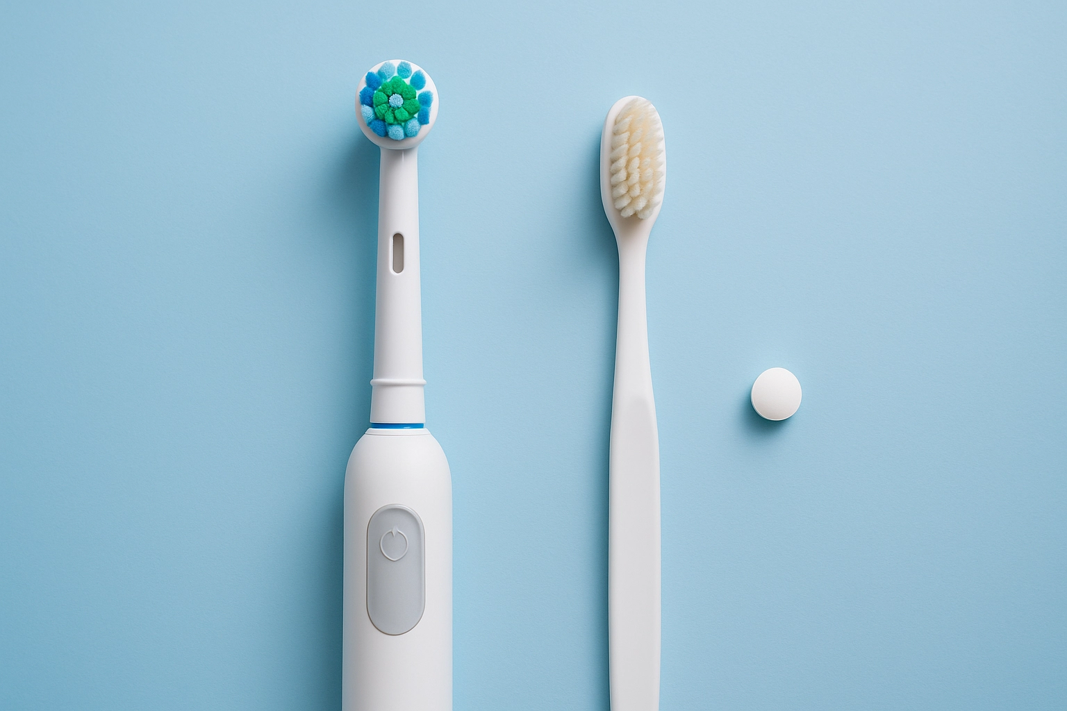 horizontal photorealistic image of electric toothbrush with white handle and blue-green bristles next to manual toothbrush with beige bristles on light blue background