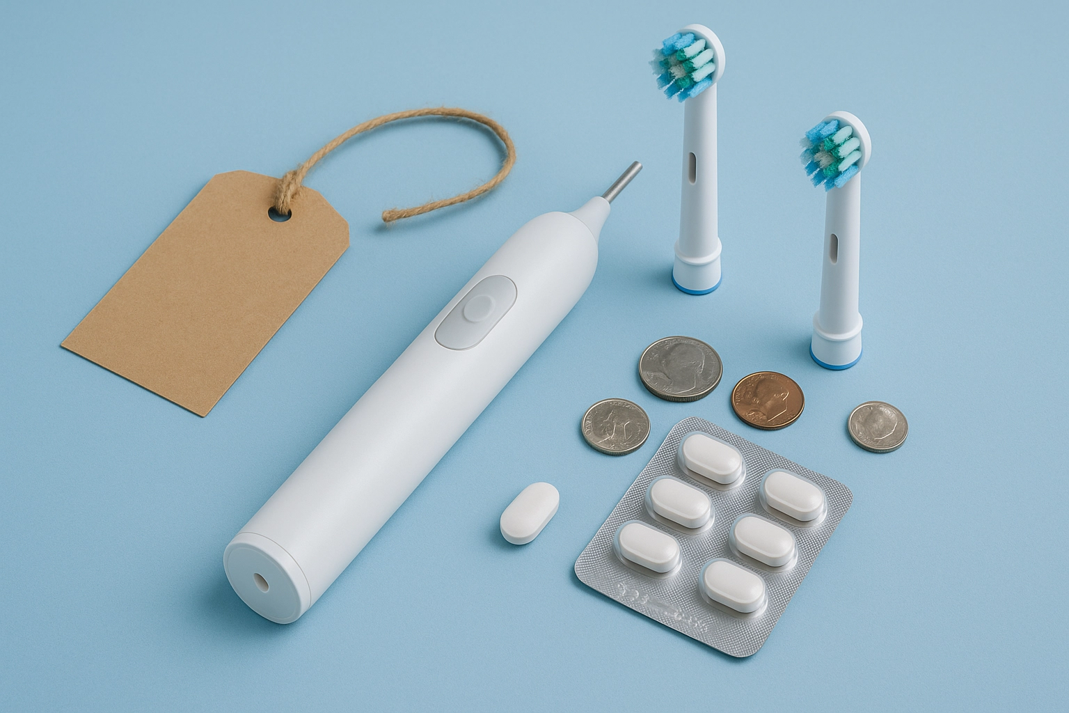 horizontal photorealistic image of electric toothbrush with two replacement heads, blank price tag, and scattered coins on light blue background representing higher cost and maintenance