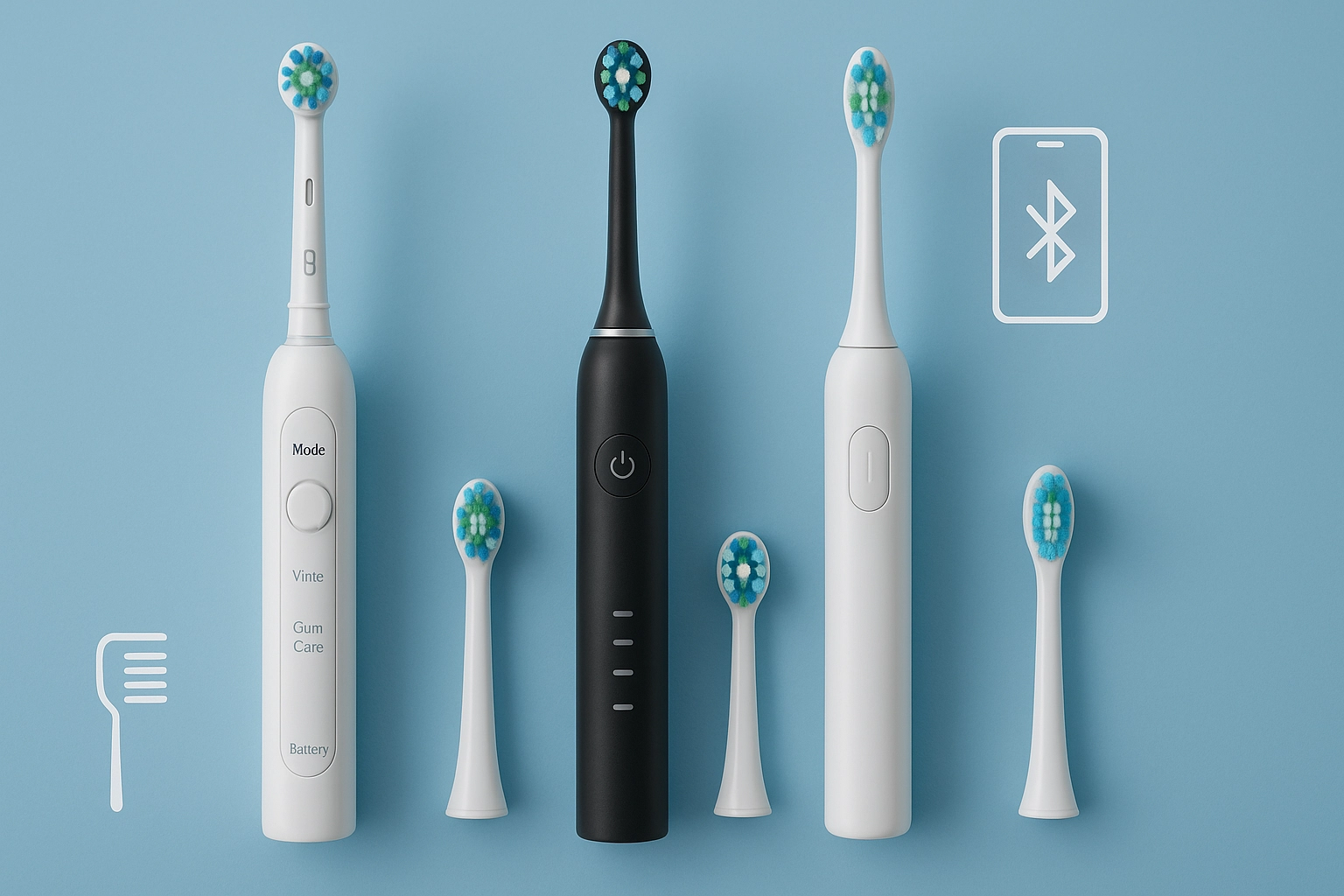 horizontal photorealistic image of three electric toothbrush models in white and black with replacement heads, showing features like brushing modes, battery indicator, and Bluetooth connectivity against light blue background