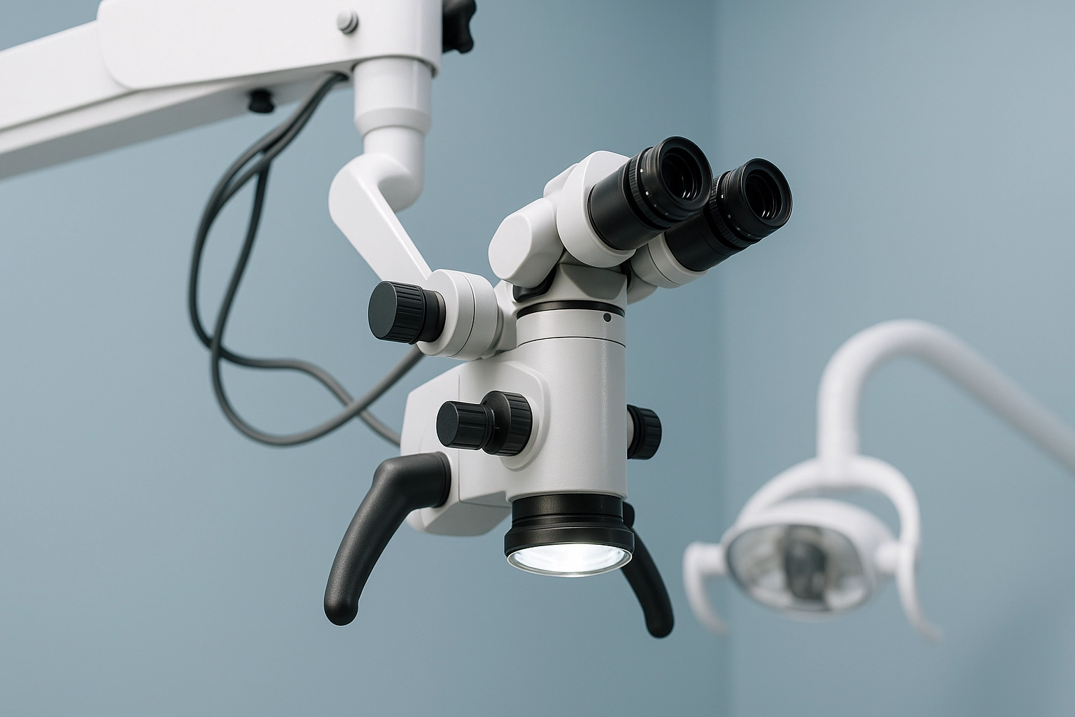 horizontal photorealistic image of dental operating microscope with dual eyepieces, adjustable knobs, and built-in illumination mounted on an articulated arm in a dental clinic setting against light blue wall