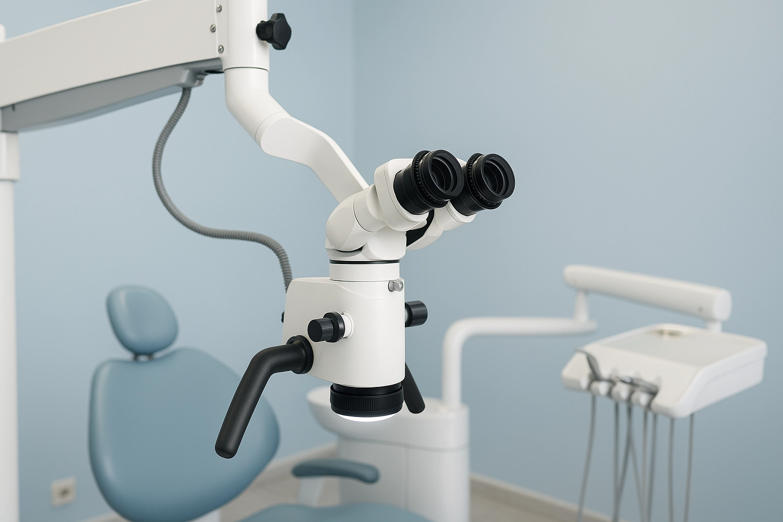 horizontal photorealistic image of modern dental operating microscope mounted on adjustable arm in clean clinical room with dental chair and instrument tray in background