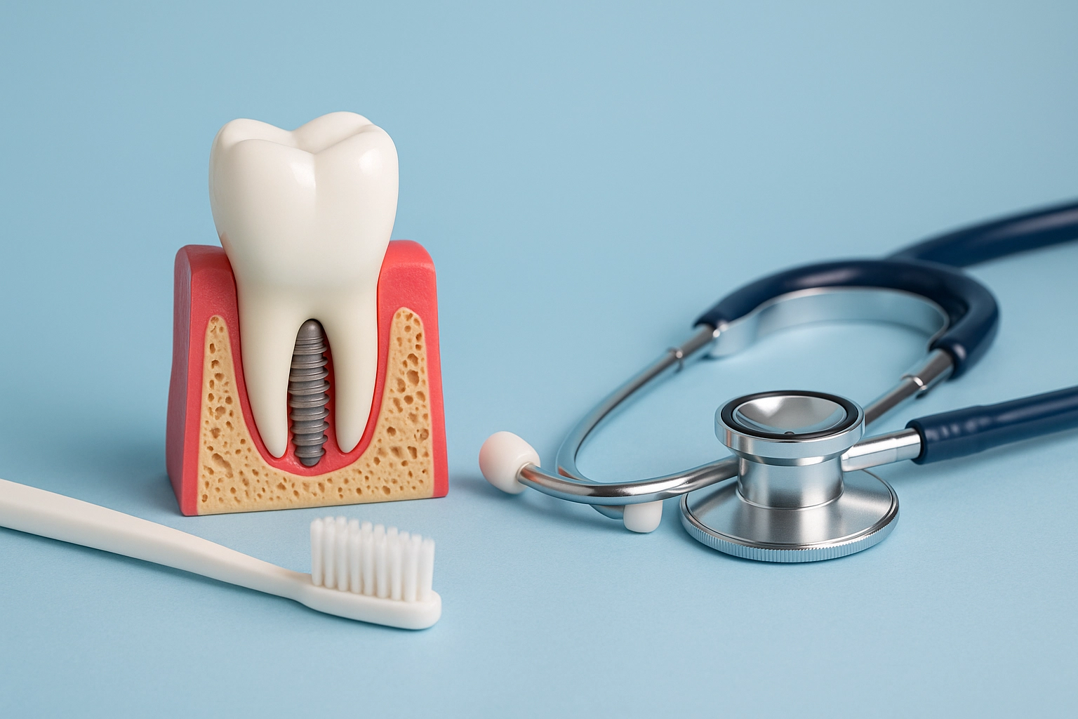 horizontal photorealistic image of dental implant model with gum and bone layers placed beside white toothbrush and stethoscope on light blue background representing oral and overall health evaluation