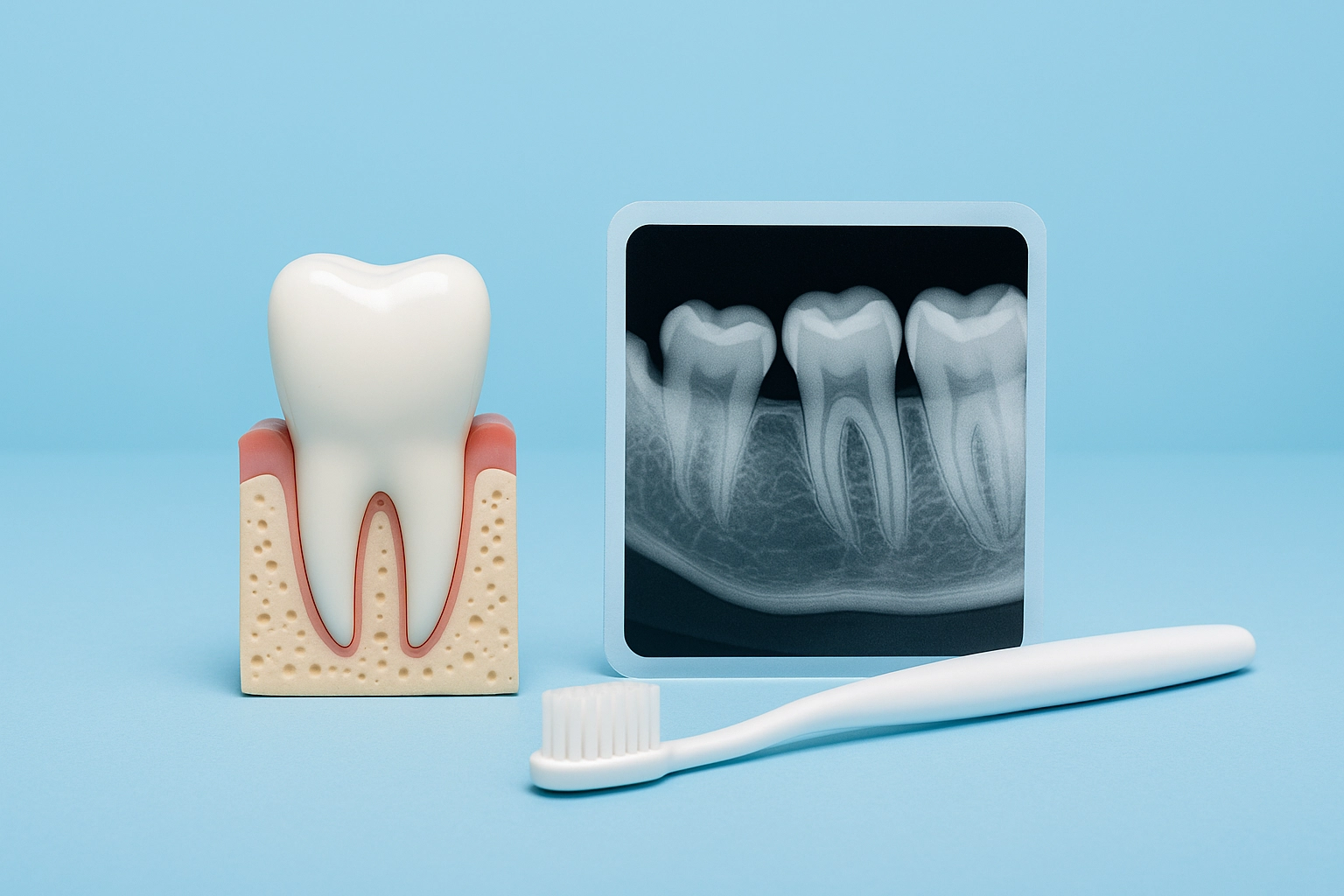 horizontal photorealistic image of dental tooth model with gum and bone layers placed beside printed dental x-ray film and toothbrush on light blue background representing consultation and planning