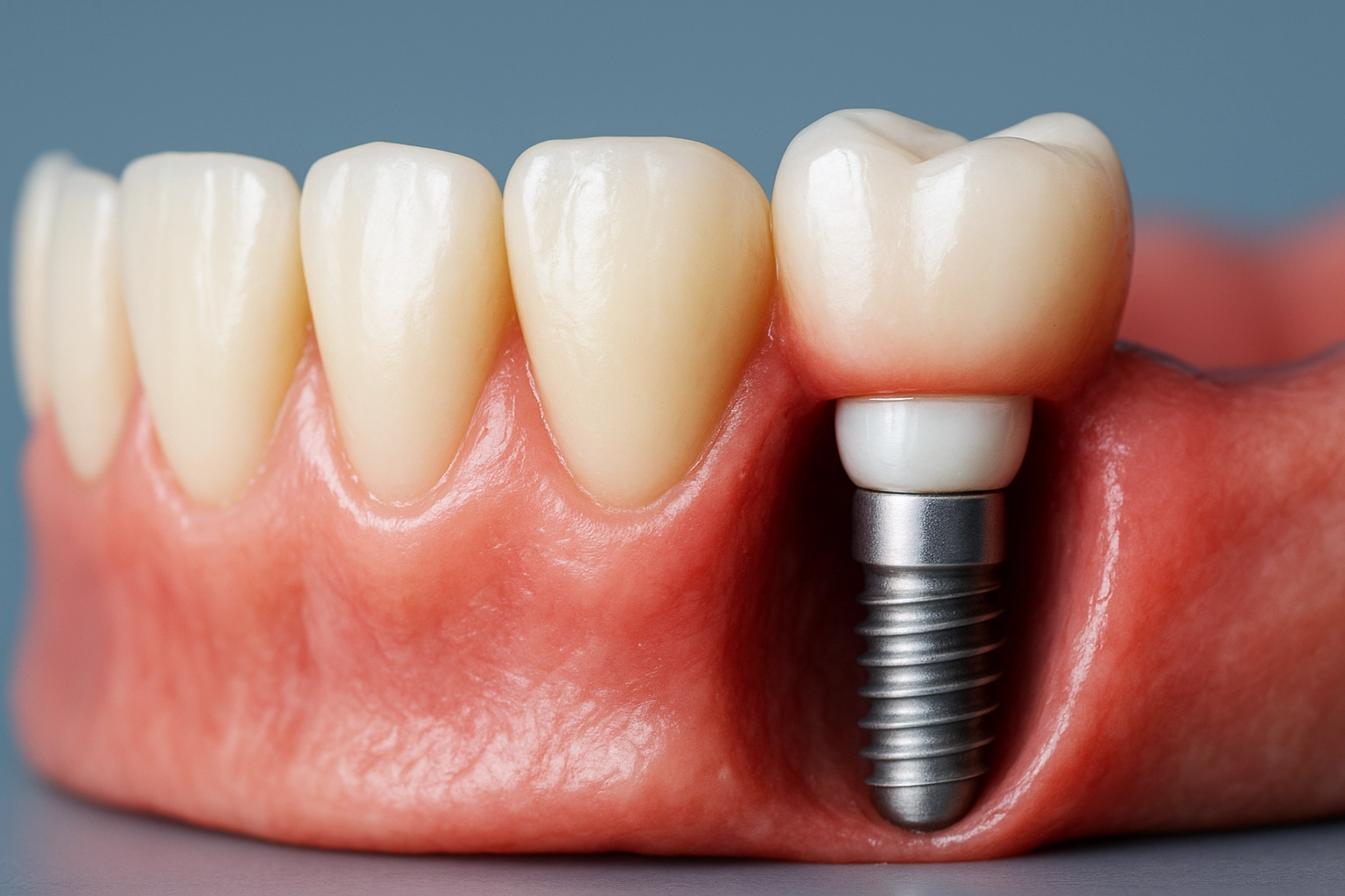 Photorealistic close-up of lower teeth with a dental implant-supported crown beside natural teeth, showing titanium abutment beneath gum tissue with slight redness, set against a blue-grey background.