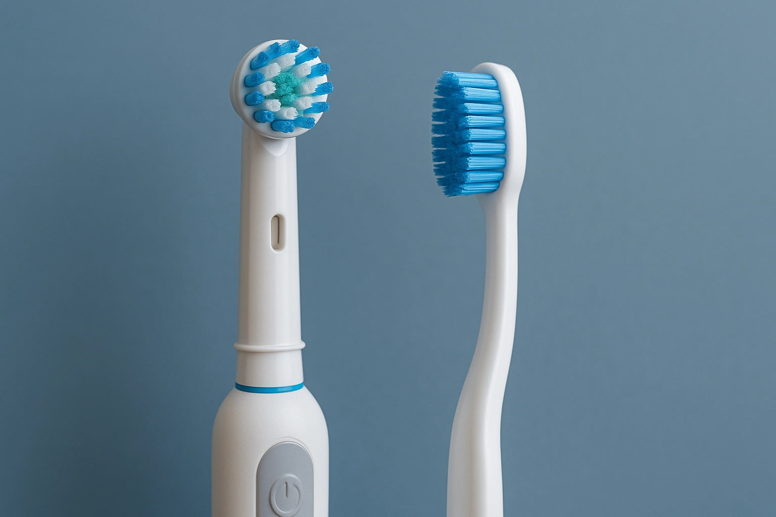 Photorealistic side-by-side comparison of an electric toothbrush with a round bristle head and a manual toothbrush with a rectangular blue bristle head, both set against a smooth blue-grey background.