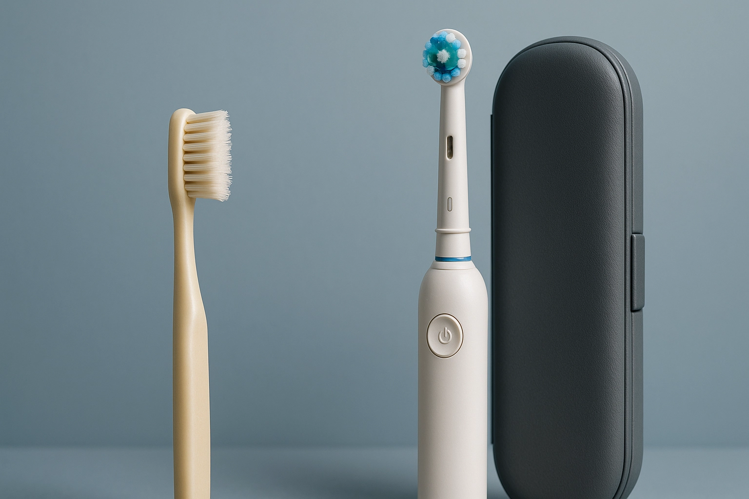 Photorealistic image of a manual toothbrush with cream handle and white bristles beside an electric toothbrush with blue, green, and white bristles, shown next to a gray travel case against a blue-grey background.