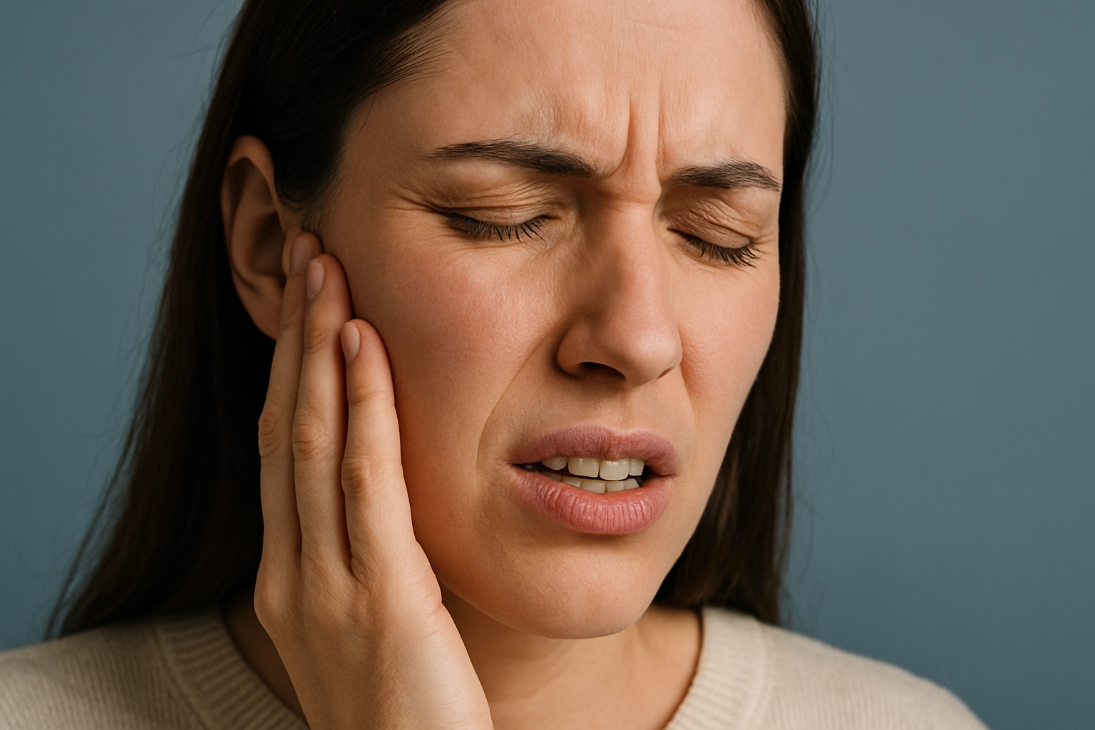 Close-up of a young woman with dark hair pressing her hand against her cheek, eyes closed in discomfort, showing jaw pain symptoms of bruxism, set against a muted blue-grey background.