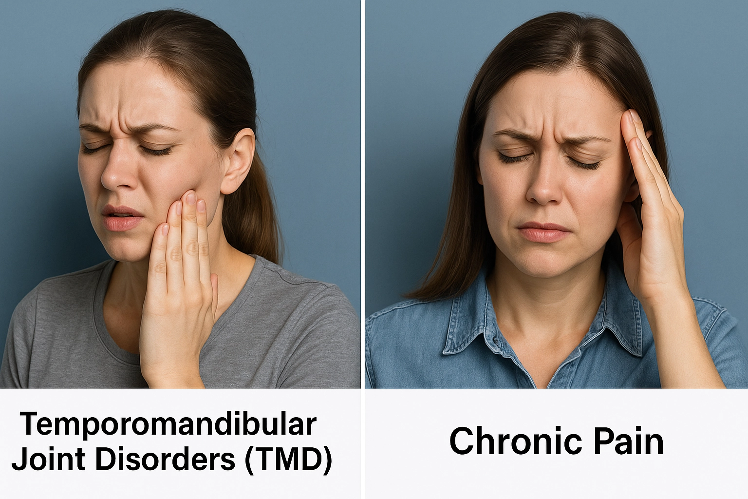 Split-screen image showing bruxism complications — woman pressing her jaw in pain labeled “Temporomandibular Joint Disorders (TMD)” on the left, and woman holding her temple with eyes closed labeled “Chronic Pain” on the right, both against a blue-grey background.