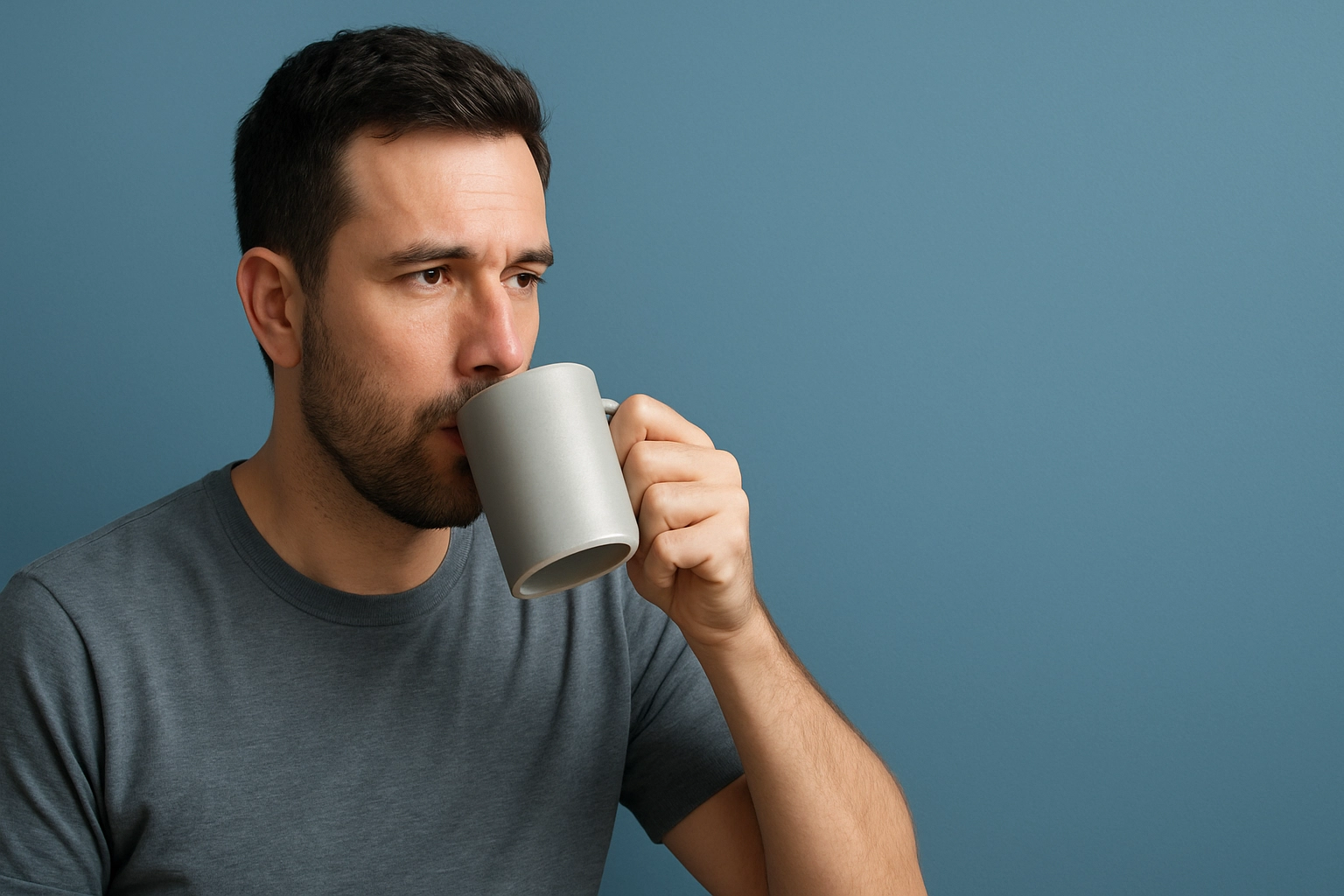 Close-up of a young man with short dark hair and beard drinking from a gray mug, wearing a casual gray t-shirt, set against a muted blue-grey background.