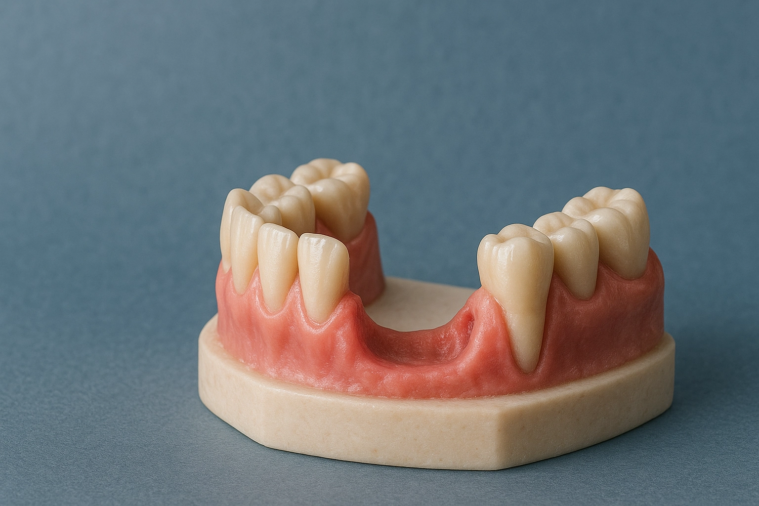 photorealistic dental model lower jaw missing premolar socket detailed gums blue-grey background horizontal 16:9