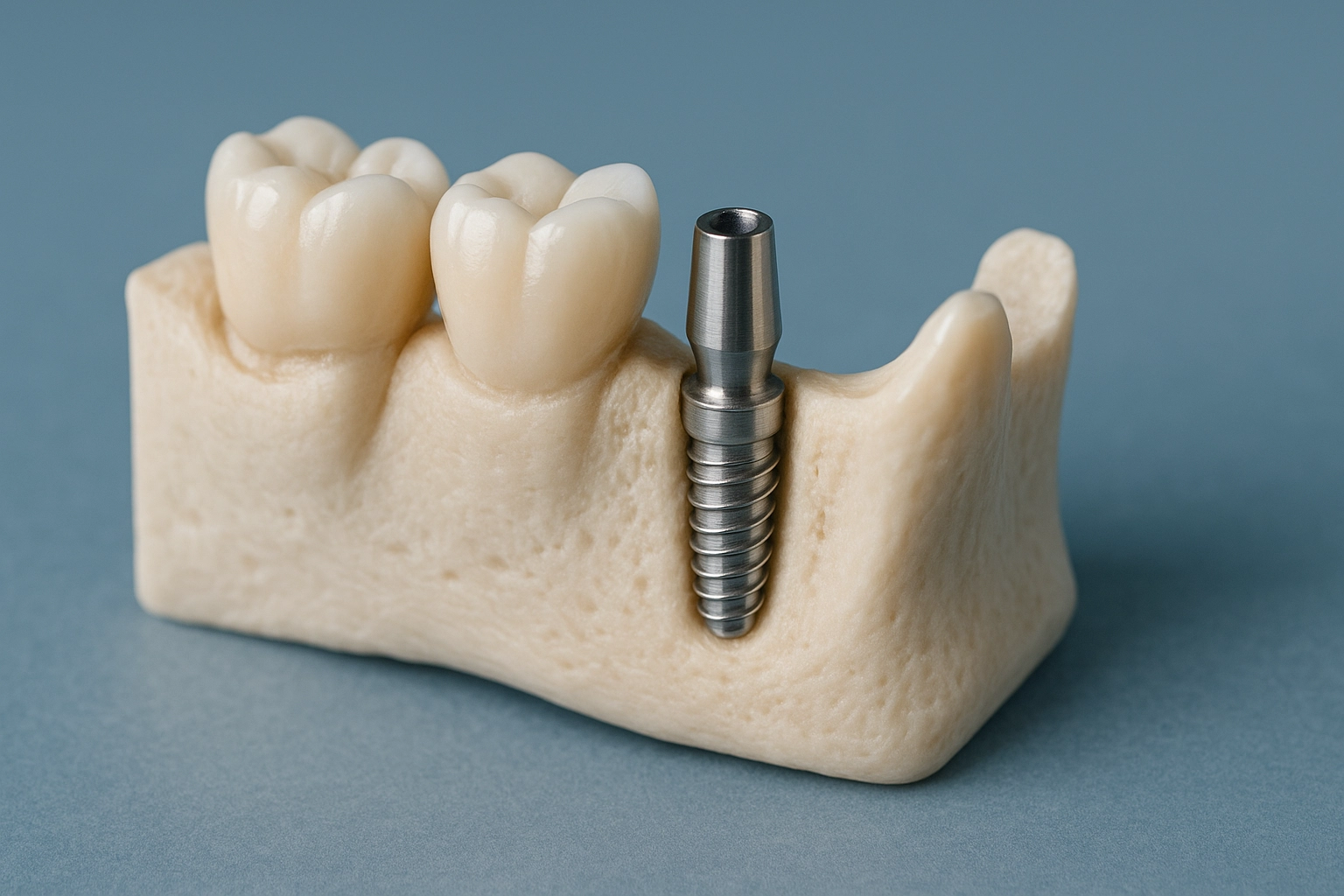 photorealistic dental model jawbone titanium implant post realistic bone texture teeth blue-grey background horizontal 16:9