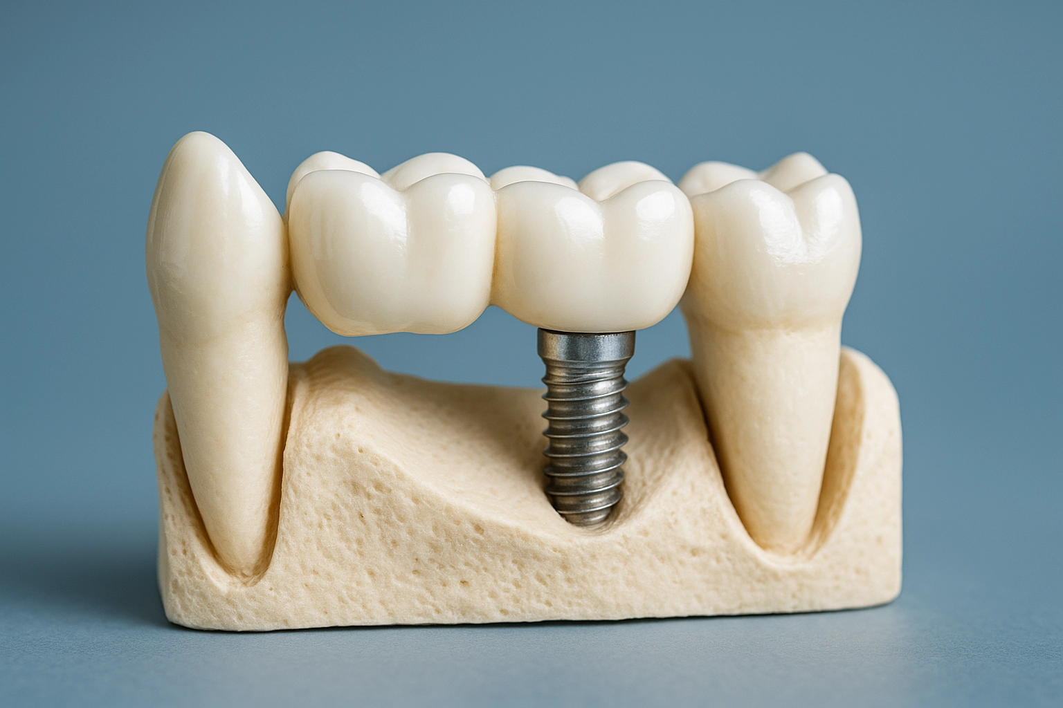 photorealistic dental model traditional fixed bridge crowns supporting pontic natural teeth blue-grey background horizontal 16:9