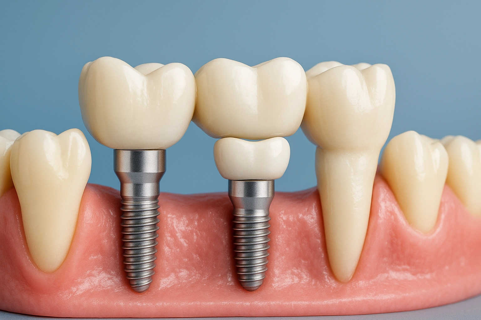 photorealistic dental model implant-supported bridge titanium implants porcelain crowns pink gums blue-grey background horizontal 16:9