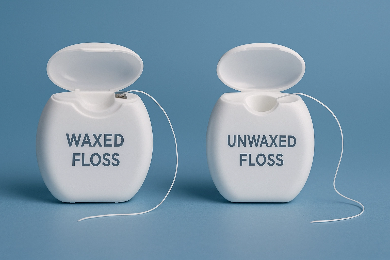 : photorealistic dental floss containers waxed and unwaxed types white cases open lids floss strands blue-grey background horizontal 16:9