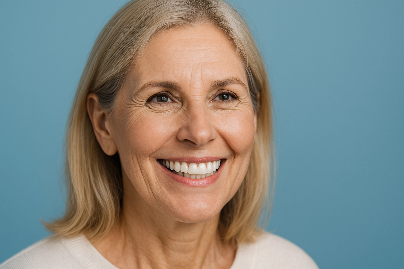 smiling middle aged woman showing natural looking dental implants with confident expression, blue grey background
