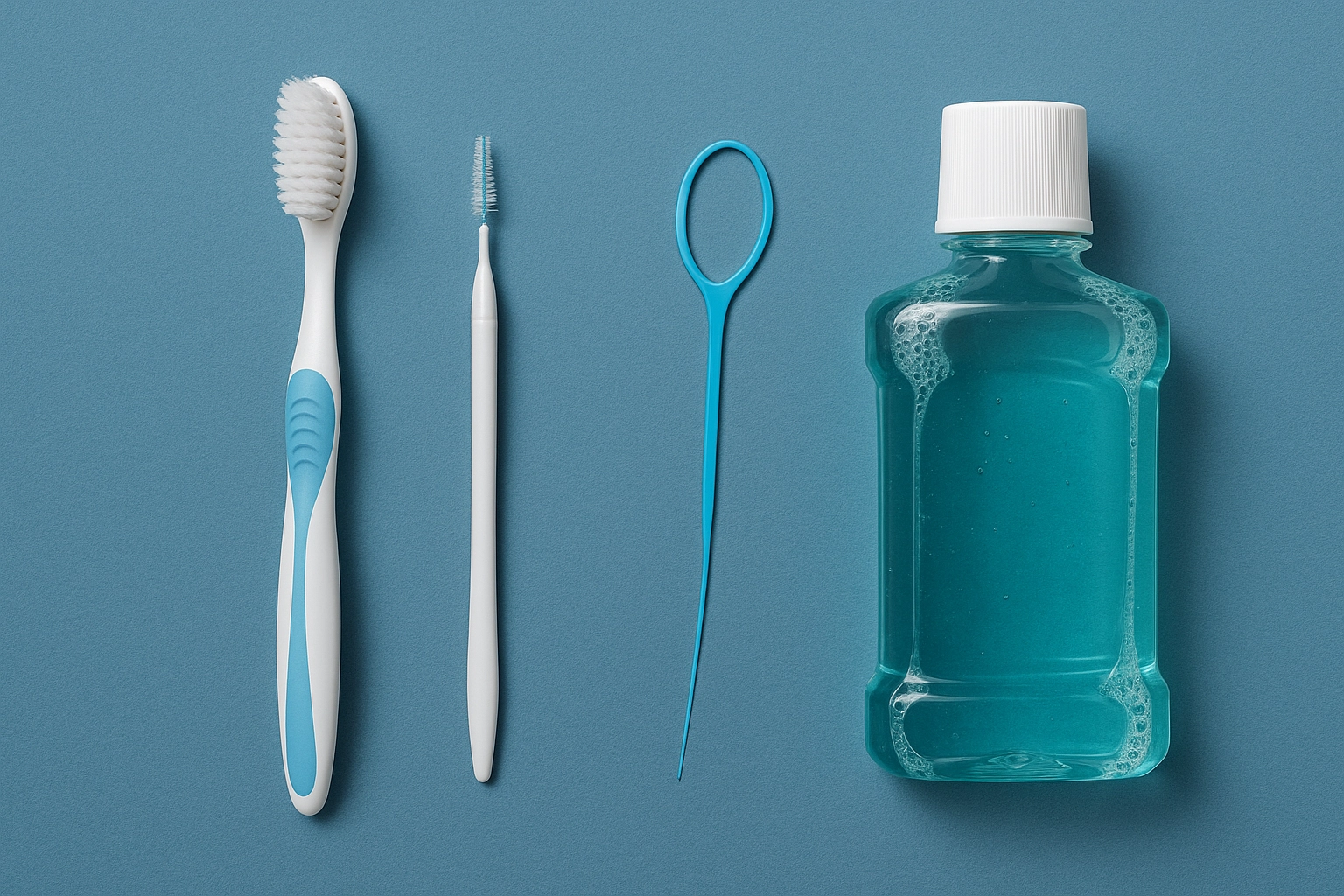 oral hygiene tools soft bristle toothbrush, interdental brush, floss threader, and antimicrobial mouthwash bottle on blue grey background