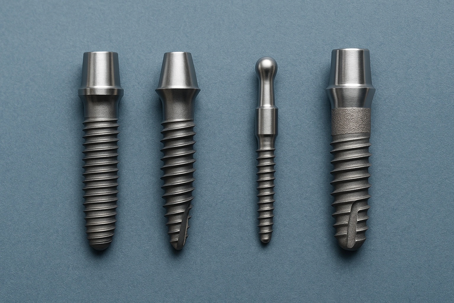 photo realistic titanium dental implants in different shapes and thread patterns showing mini implant, wide diameter implant, tapered and cylindrical variations on blue grey background
