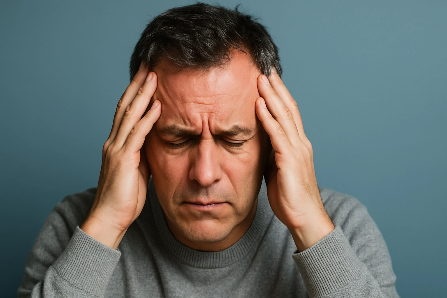 middle-aged man with graying hair holding head in distress, eyes shut, showing stress and anxiety against blue-grey background.