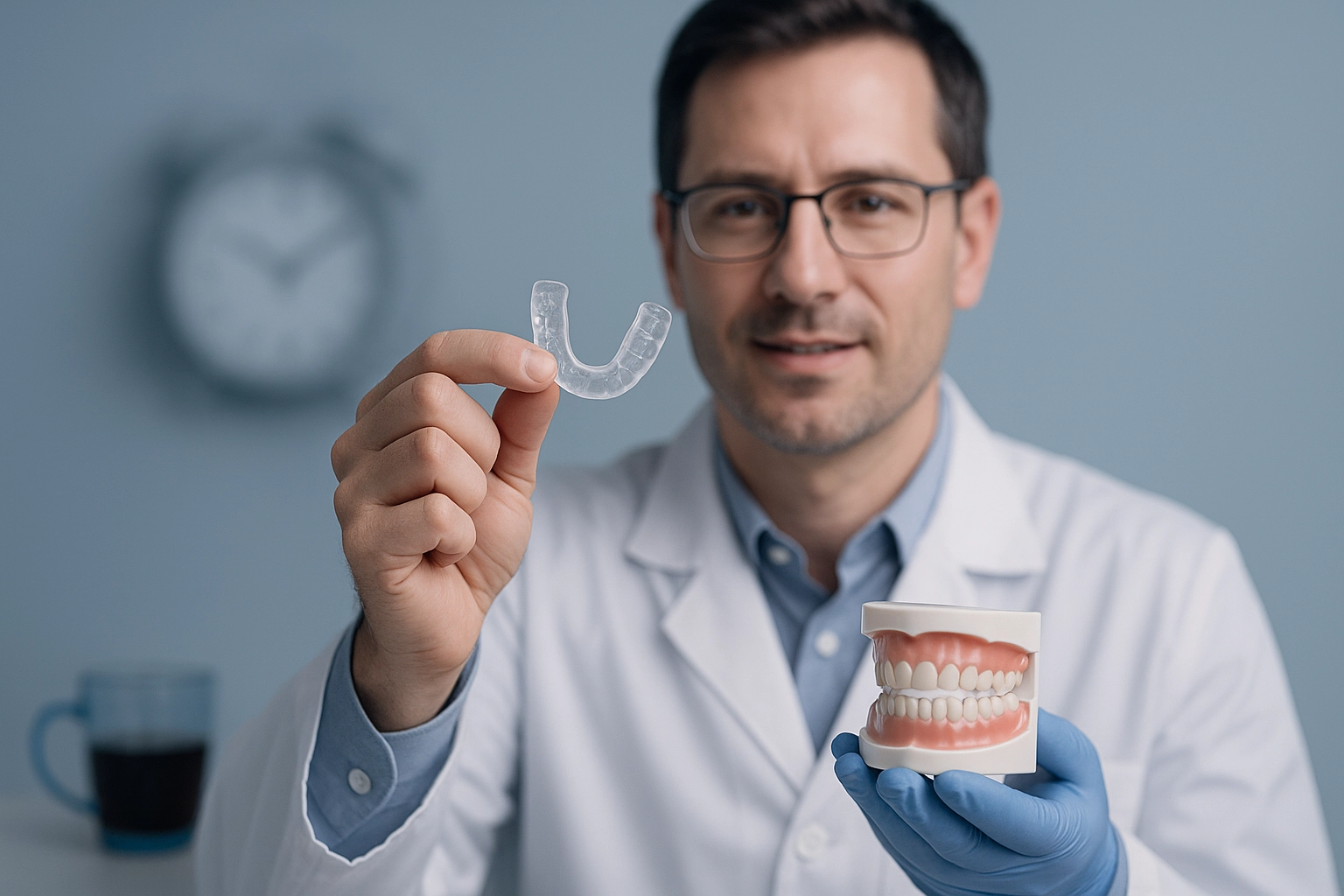 Photorealistic image of male dentist in white coat holding a transparent night guard and dental model with a coffee mug and clock blurred in the blue-grey background.