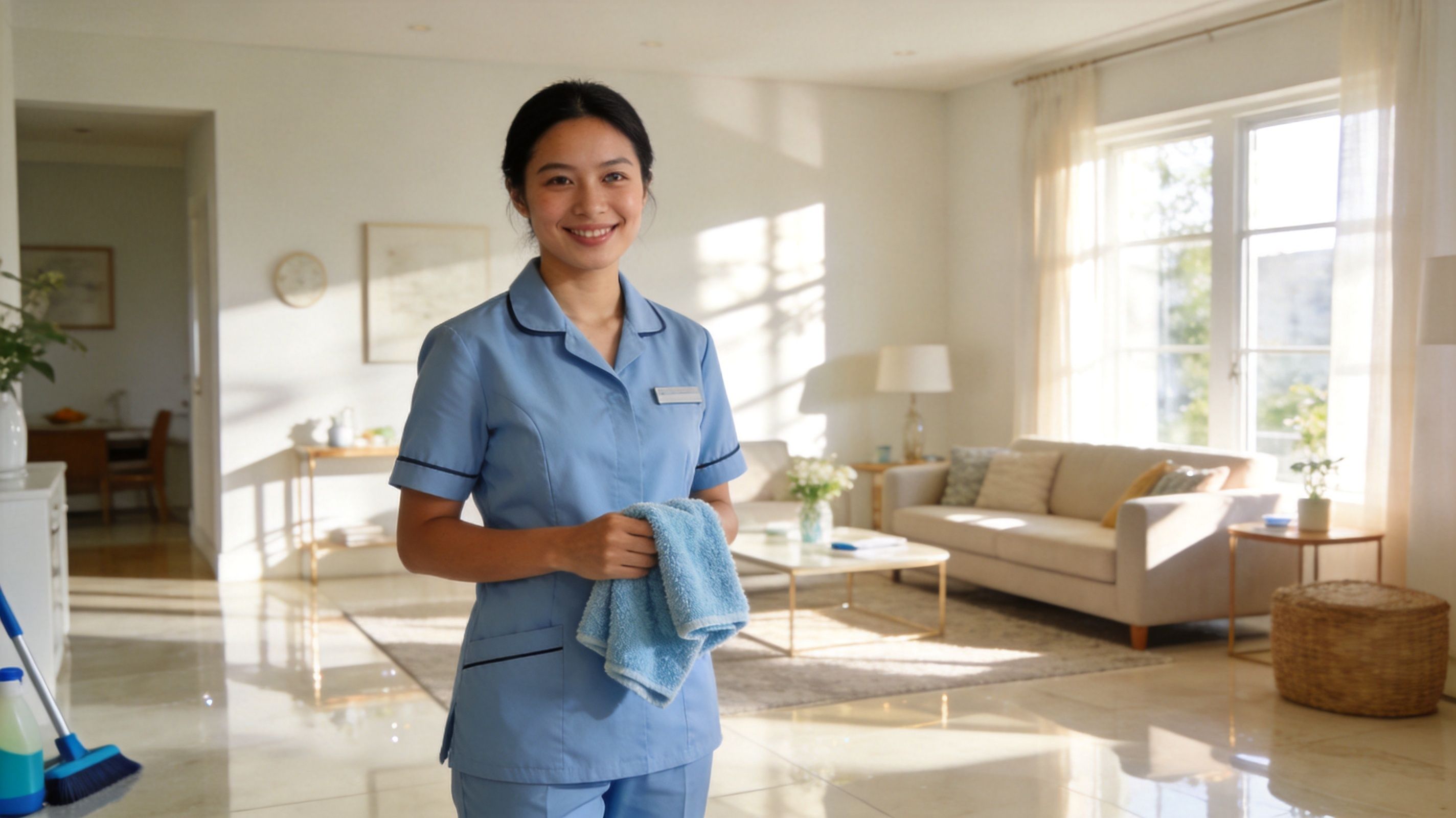 A professional house cleaner in a blue uniform holding a cleaning cloth in a bright, modern living room.