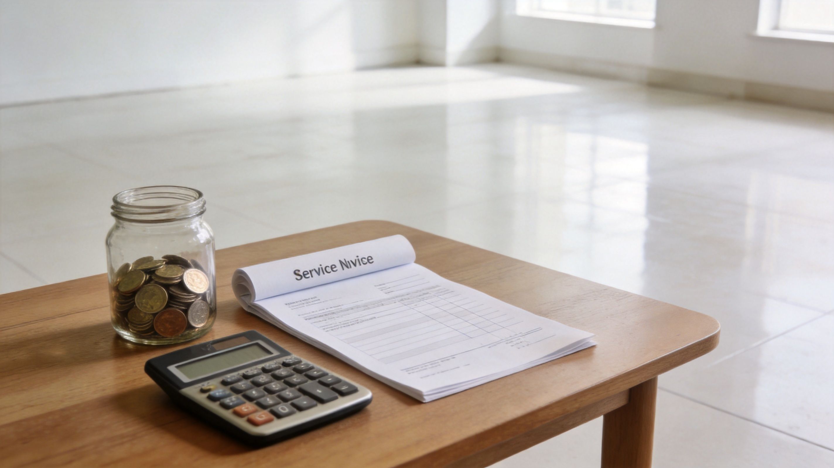 A glass jar filled with coins, a calculator, and a blank invoice pad resting on a wooden table.