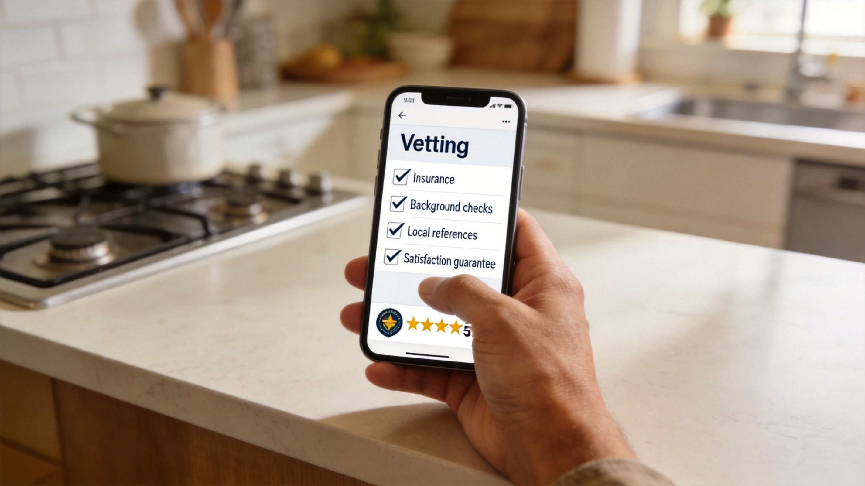 A person checking vetting requirements for a house cleaning service on a smartphone screen in a kitchen.