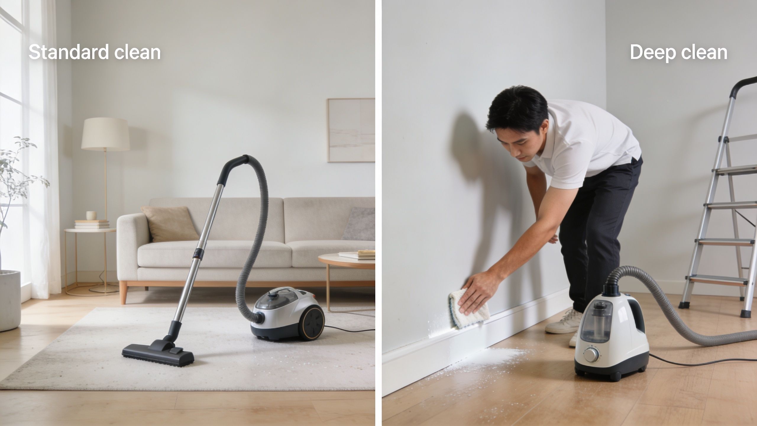 A split screen showing a vacuum cleaner on a rug and a person cleaning a wall surface.
