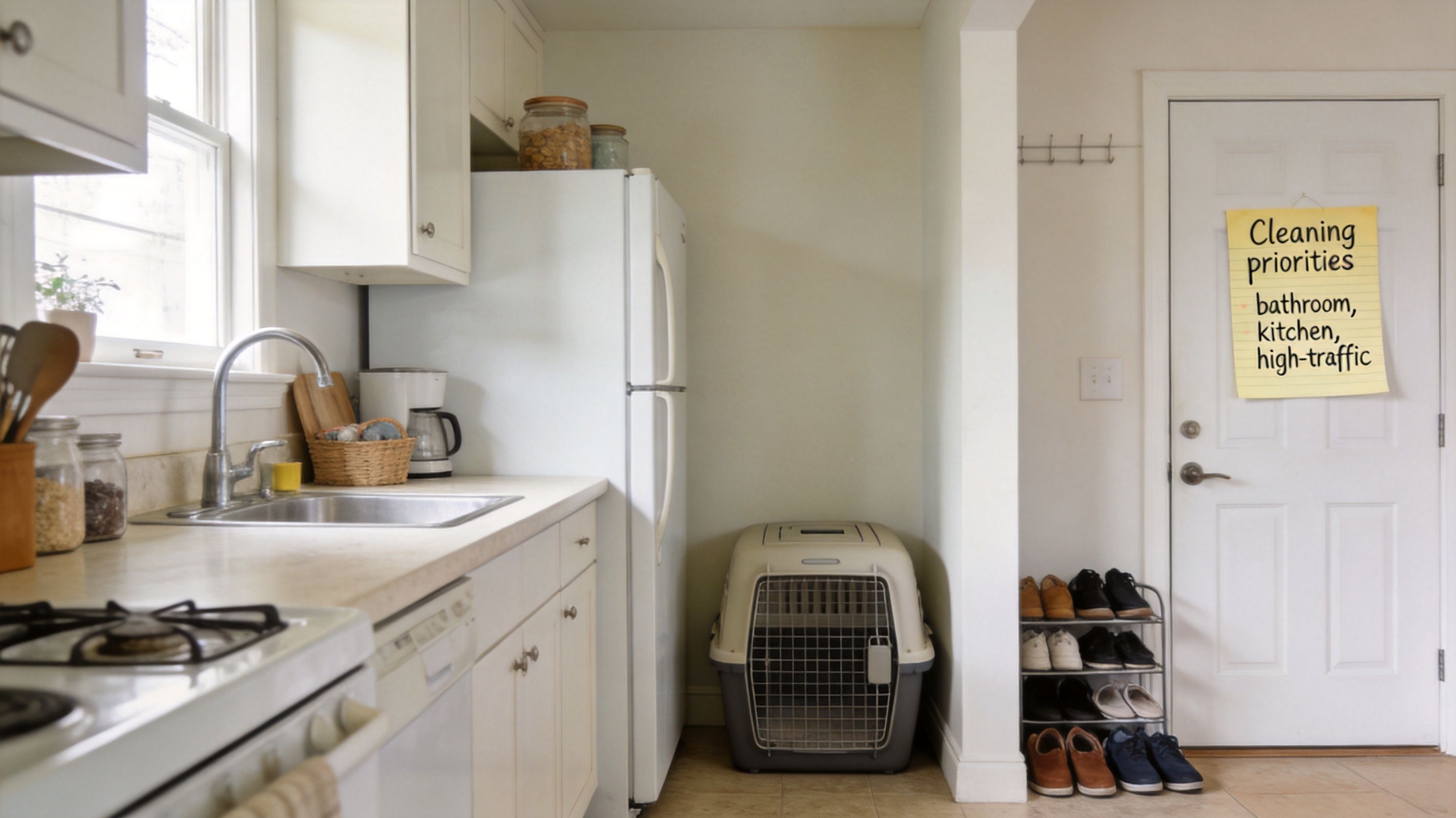A clean kitchen corner with a pet crate, shoe rack, and a posted cleaning priorities note.