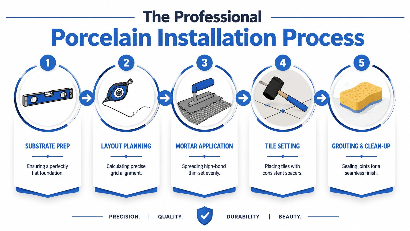 A professional infographic outlining the five-step process for installing porcelain tiles, from substrate preparation to final cleanup.