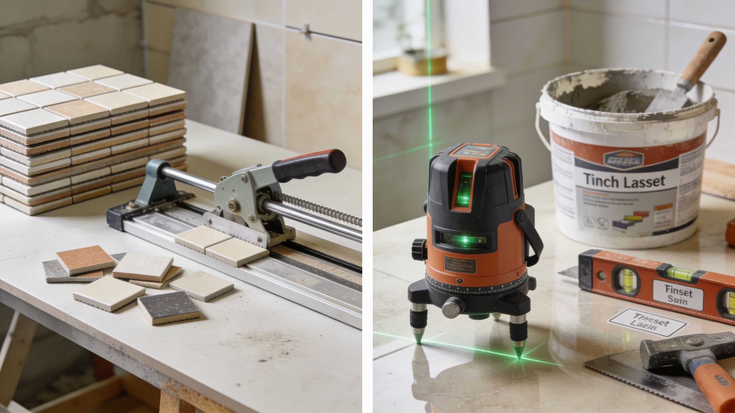 Tools and tiles prepared for a professional porcelain tile installation project, including a laser level and cutter.