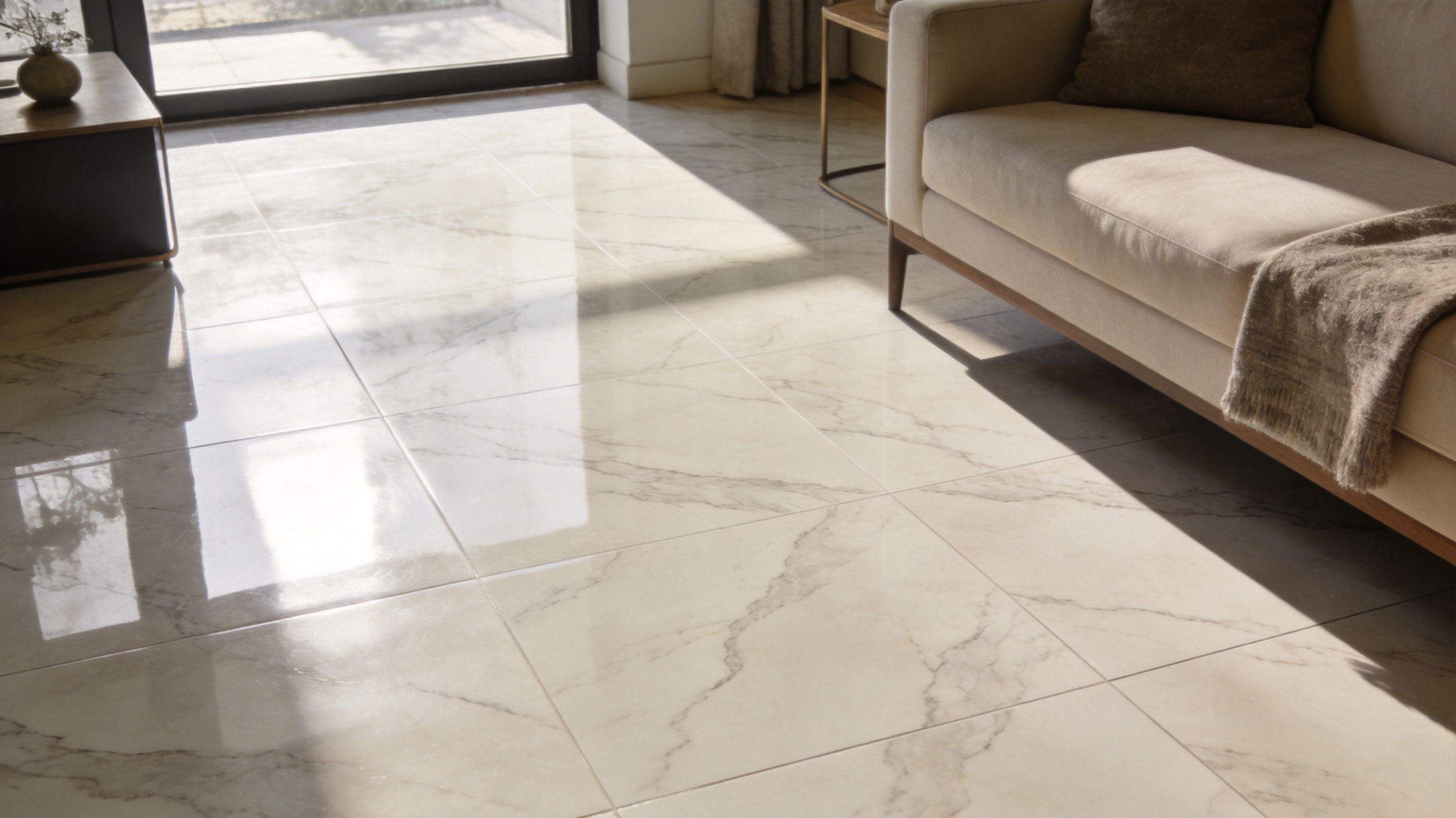 A luxurious living room featuring polished beige porcelain floor tiles with marble veining and a beige sofa.