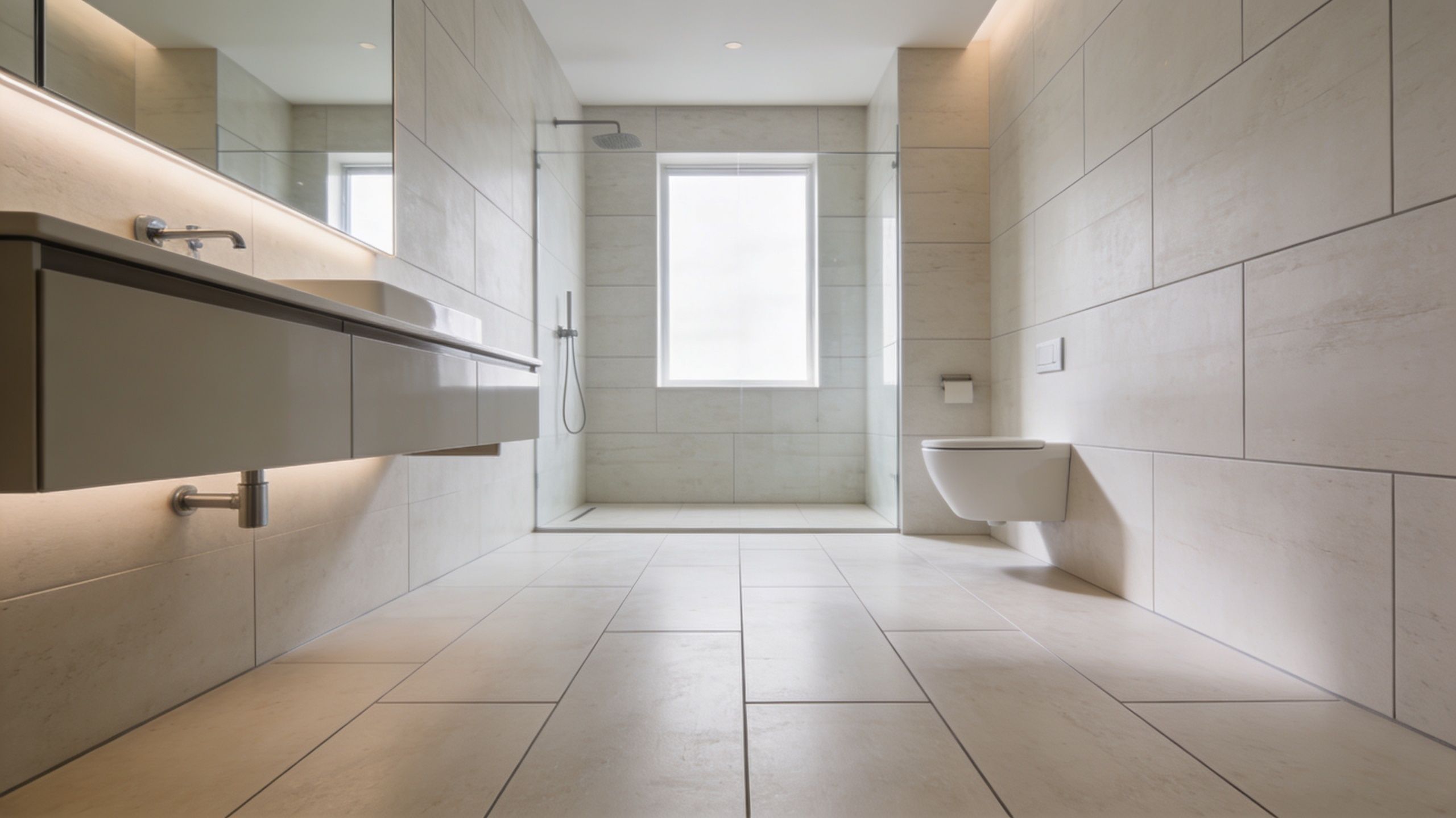 A modern, minimalist bathroom with large beige tiles, a floating vanity, and a glass-enclosed shower area.