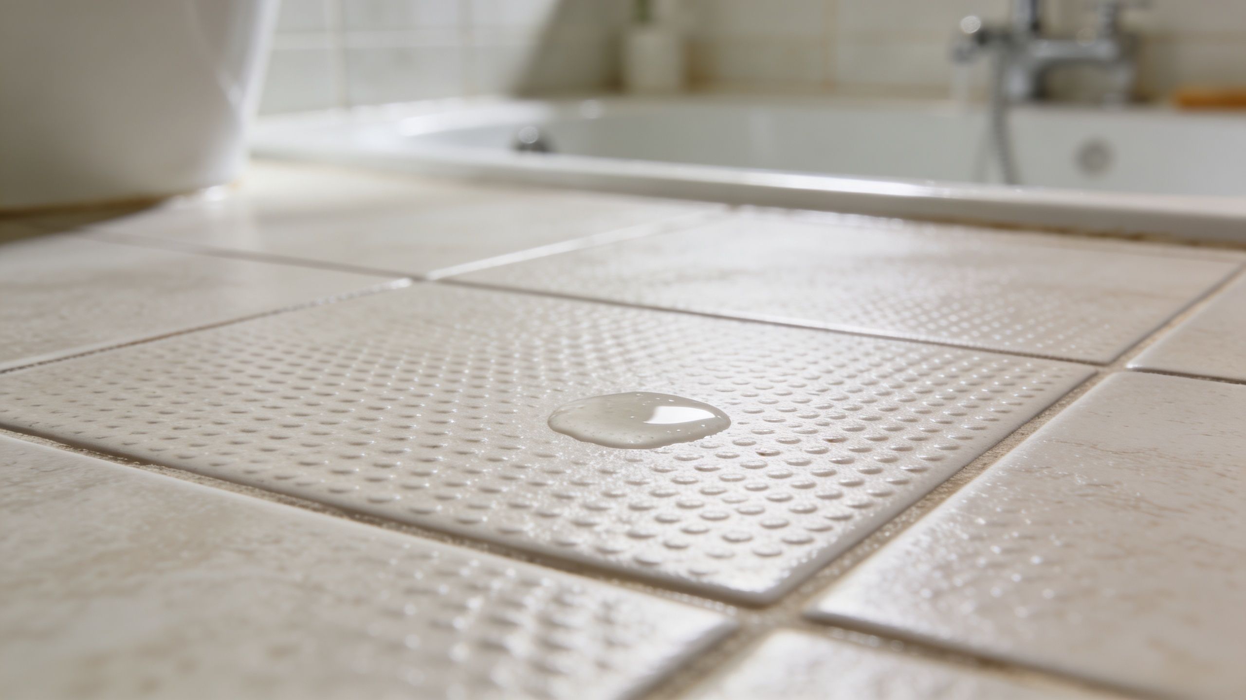 A close-up of a small puddle of water sitting on a light-colored textured bathroom floor tile.