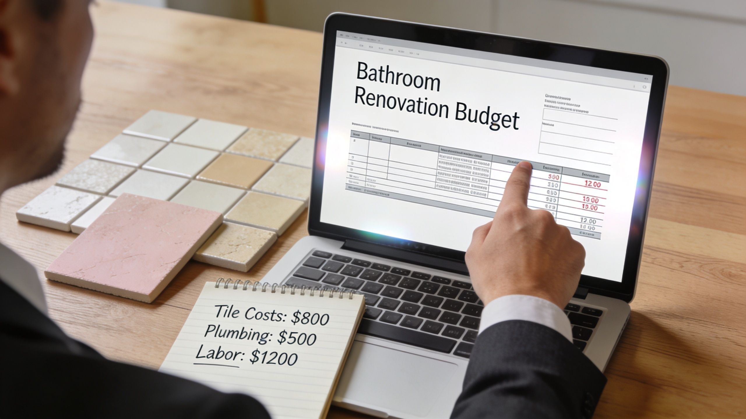 A professional man planning a bathroom renovation budget using a laptop with tile samples on the table.