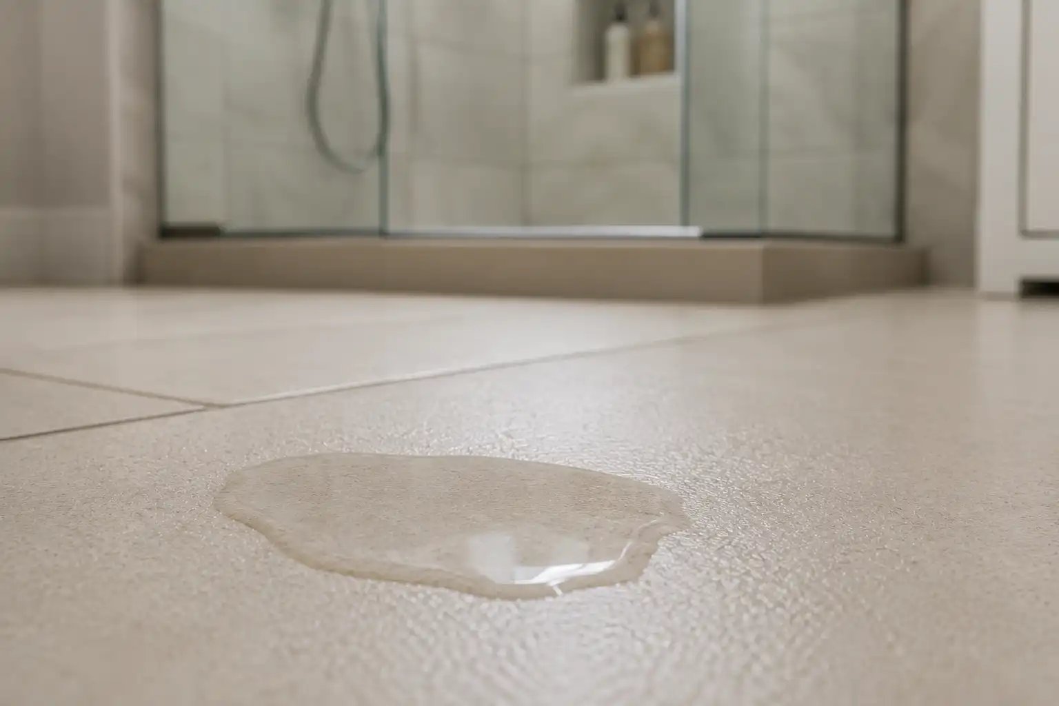 A puddle of water sits on light-colored tiled bathroom floor, near a glass shower.