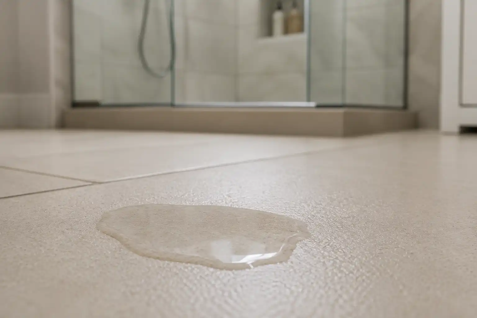 A close-up of a small puddle of water sitting on a light-colored textured bathroom floor tile.