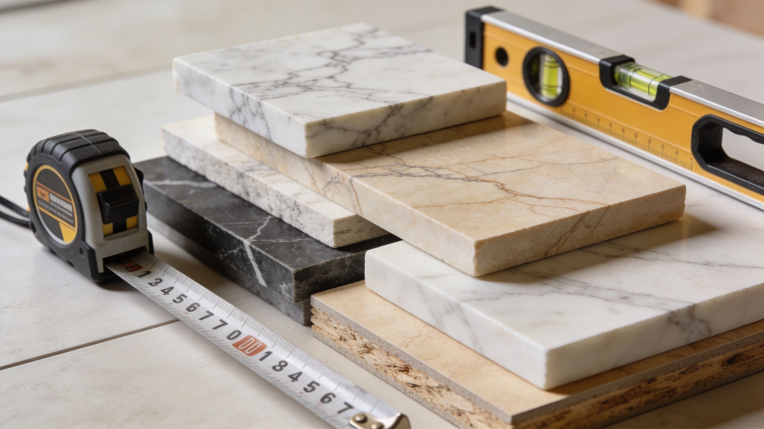 A tape measure, spirit level, and various marble tile samples displayed on a construction workspace.