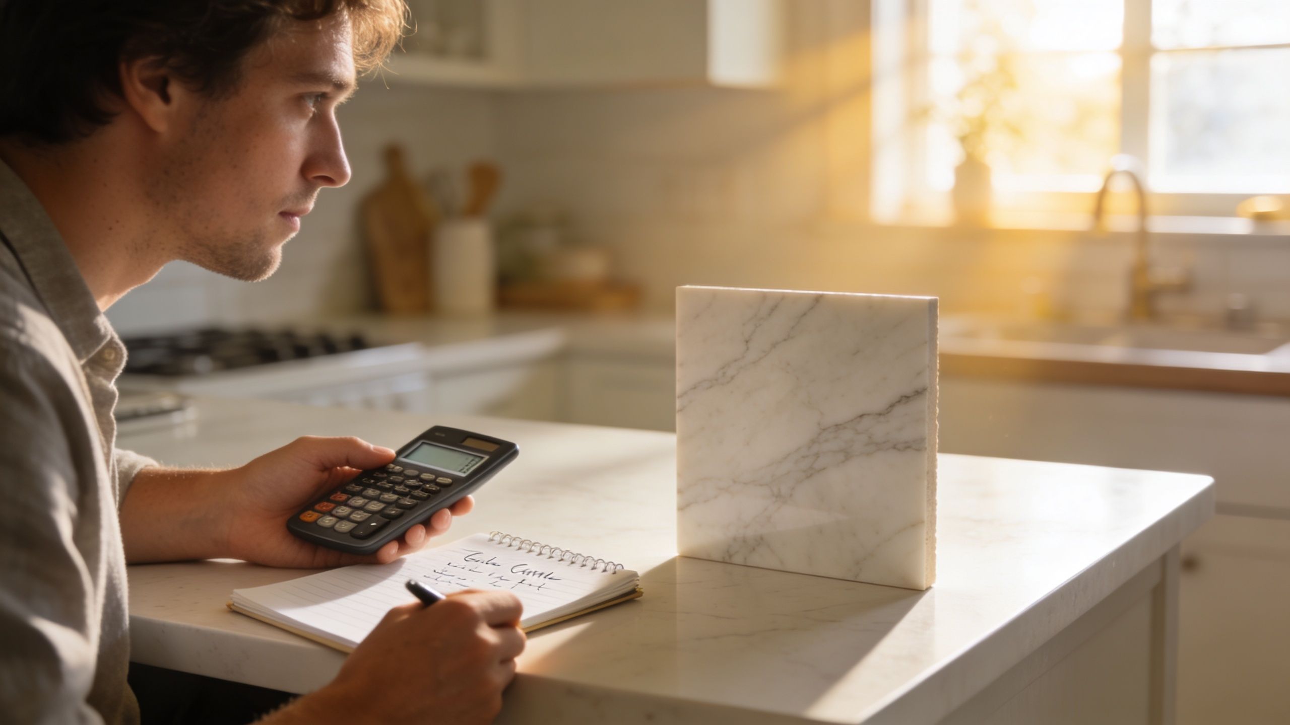 A man calculating kitchen renovation costs while holding a sample piece of white marble tile.