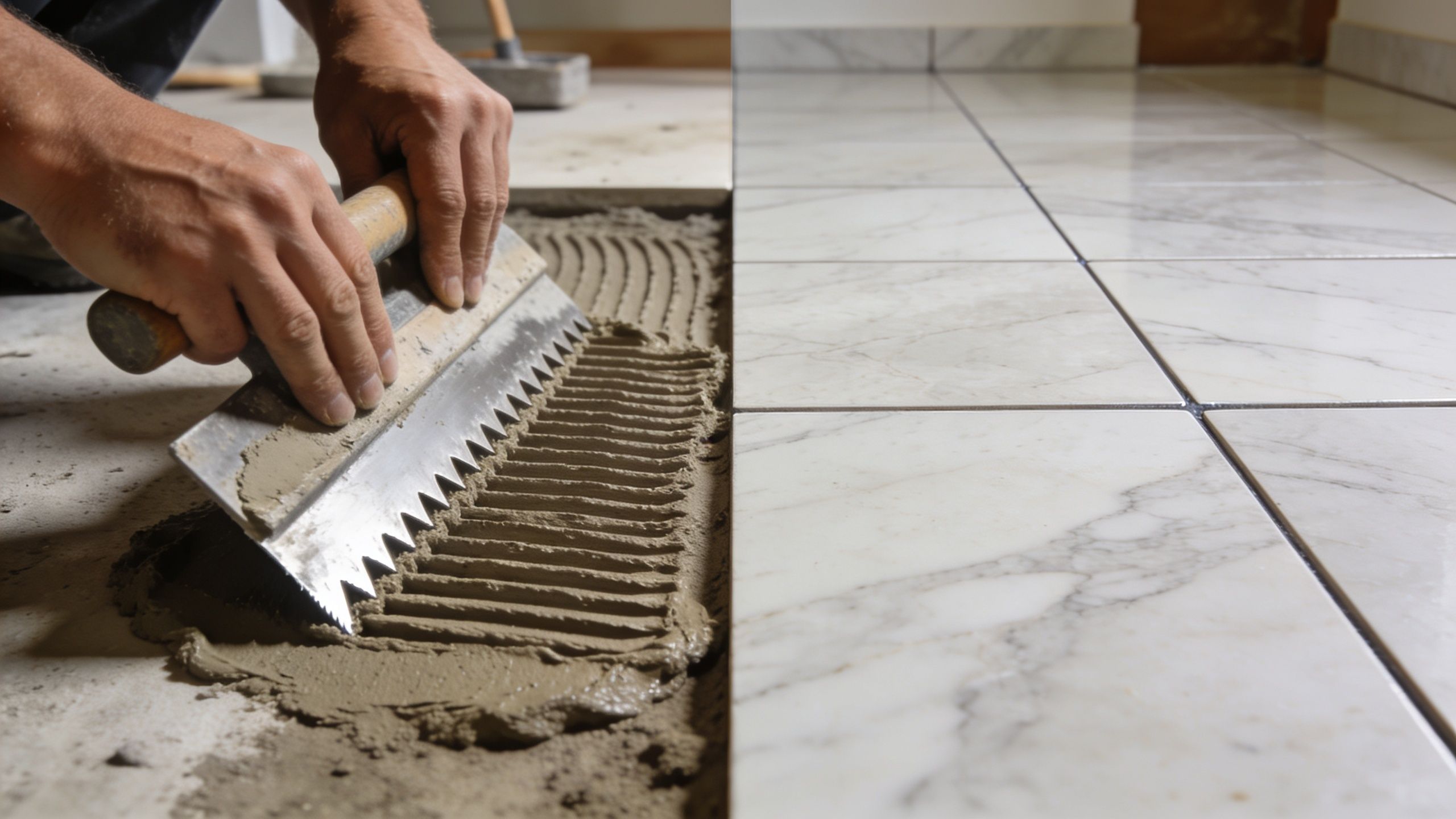 A professional installer spreading thin-set mortar with a notched trowel before laying marble floor tiles.