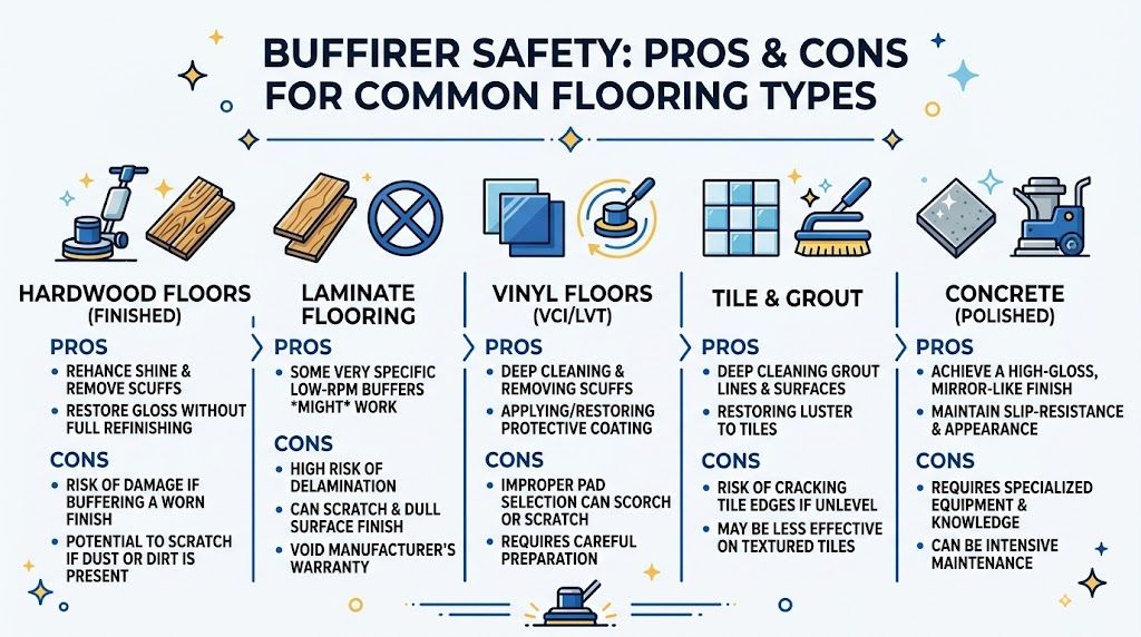 A visual guide outlining the safety pros and cons of using buffers on various floor types.