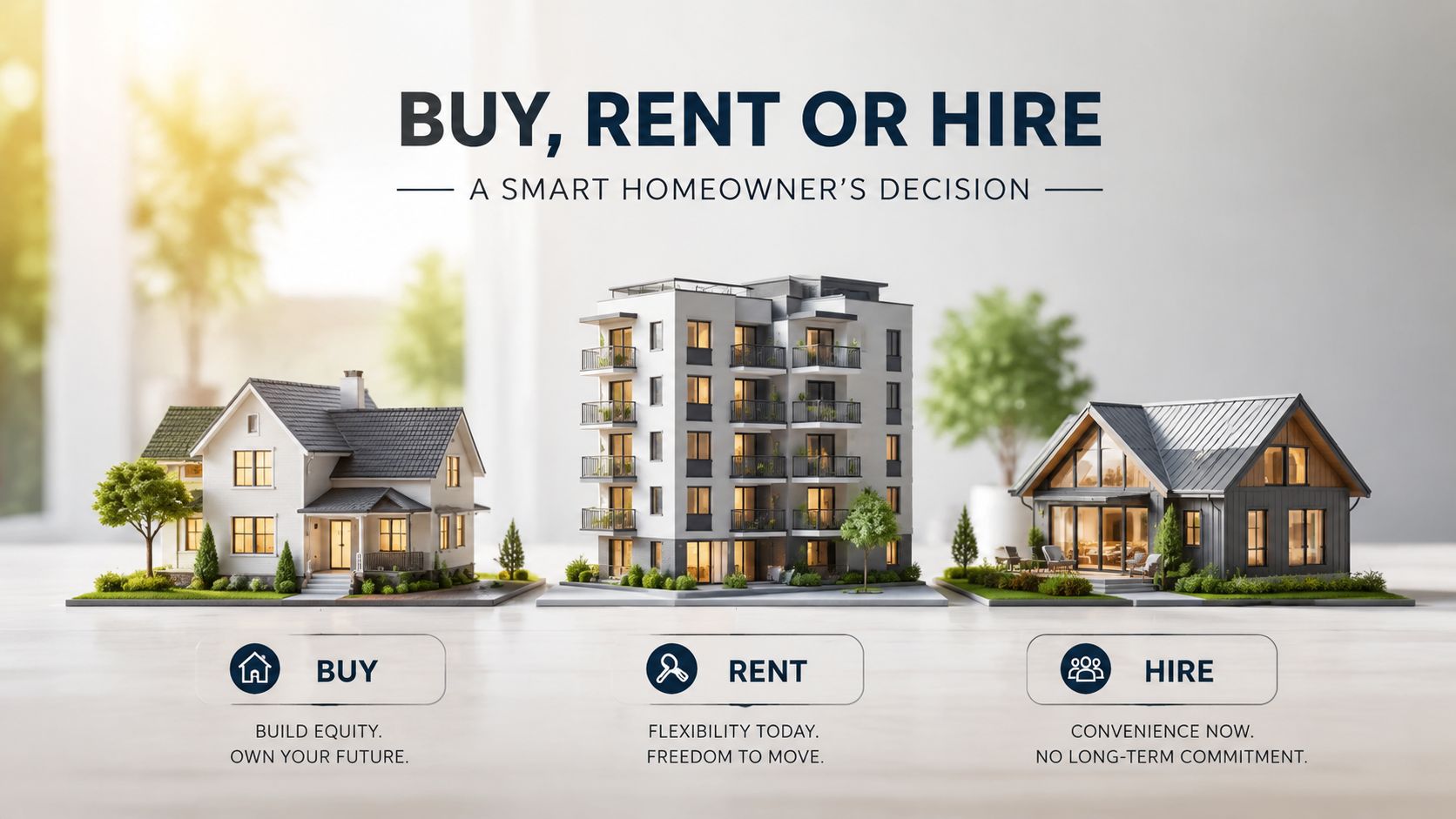 An infographic showing three housing options: buying, renting, or hiring, each with a corresponding architectural model house.