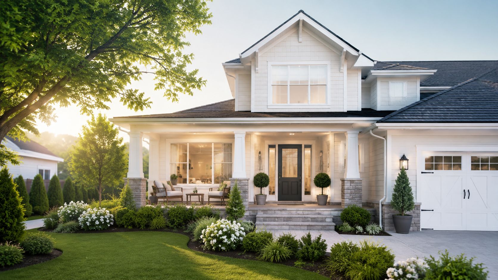 A beautiful white suburban house with a well-manicured lawn and a welcoming front porch during golden hour.