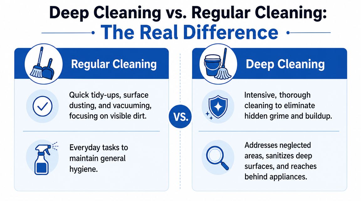 A comparison chart showing the differences between regular cleaning and deep cleaning for household maintenance.