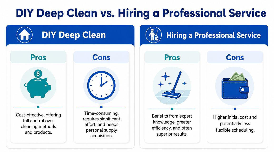 A comparison chart outlining the pros and cons of performing a DIY deep clean versus hiring professionals.