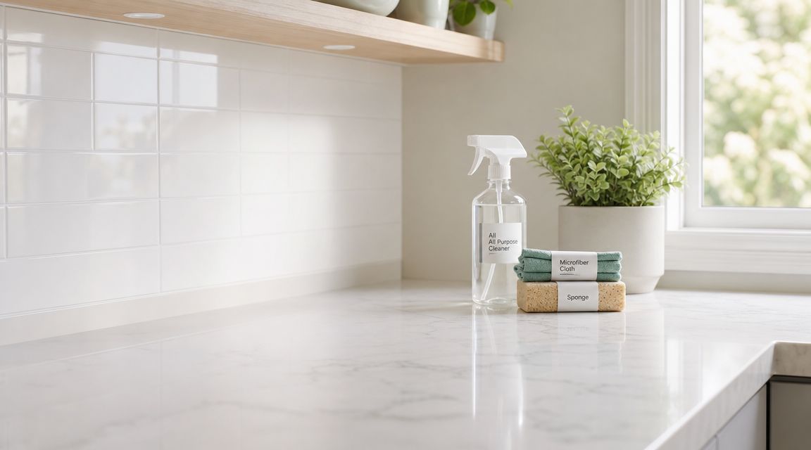 A spray bottle, microfiber cloth, and sponge on a clean white marble kitchen countertop near a plant.