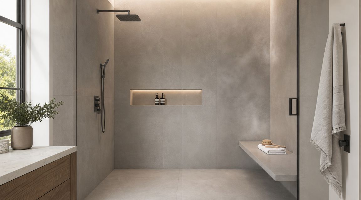 A modern walk-in shower with large concrete-style tiles, a built-in recessed niche, and a floating stone bench.