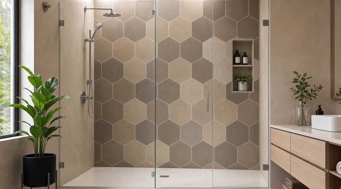 A modern walk-in shower featuring multi-toned hexagon wall tiles, glass door, and a sleek vanity setup.