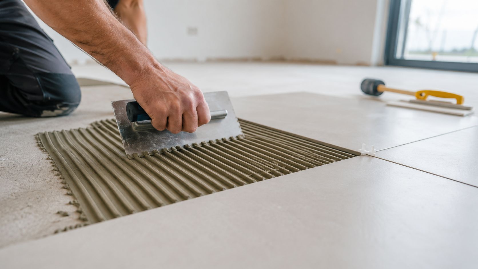 A professional construction worker uses a notched trowel to spread thin-set mortar for high traffic tile flooring.