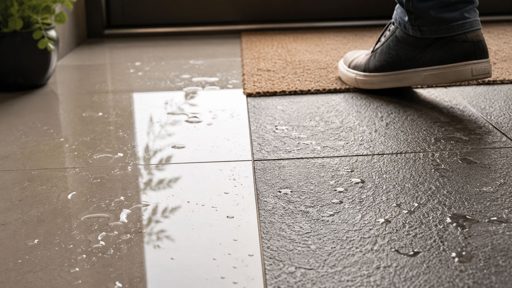 A close-up view of wet high traffic tile flooring showing water droplets on different textured surfaces.