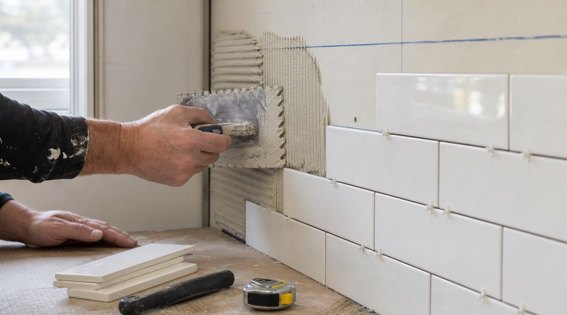 A professional construction worker applies thin-set mortar to a wall for installing white subway kitchen backsplash tiles.